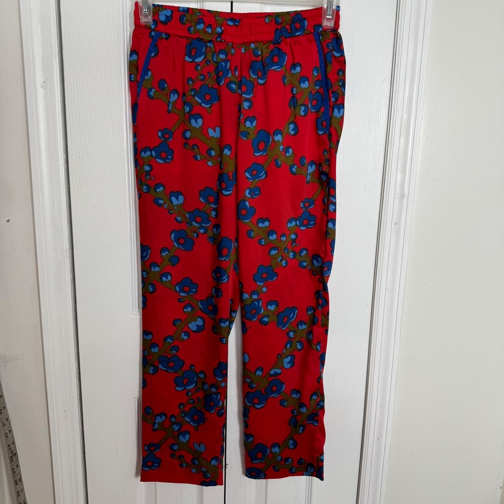 J. Crew Collection Floral Pants 6 Red Blue Abstract Silk Feel Maximalist Chic